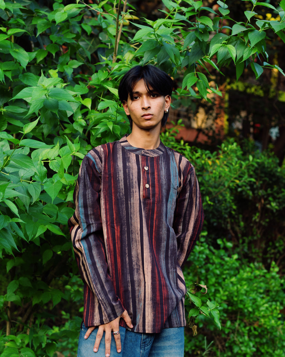 BLACK STRIPED HANDPAINTED AJRAKH SHORT KURTA