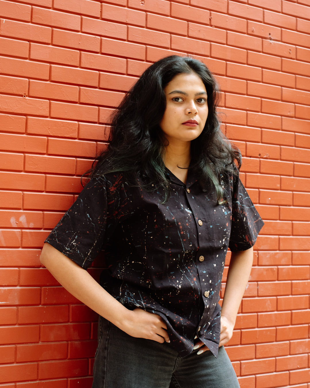 BLACK PAINT SPLATTER AJRAKH SHIRT