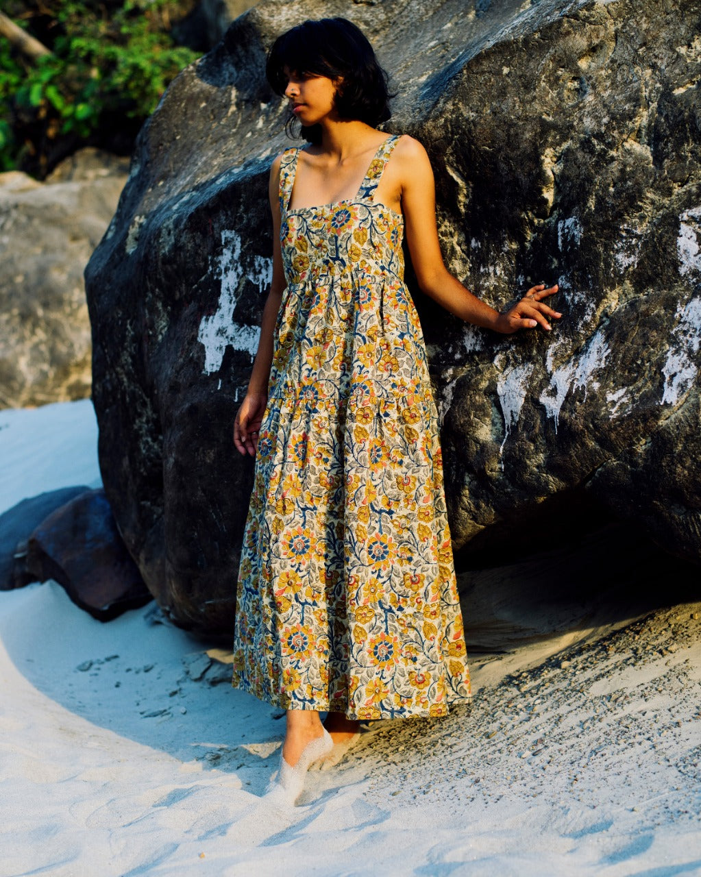 BEIGE CRAYON FLORAL BAGRU MAXI DRESS