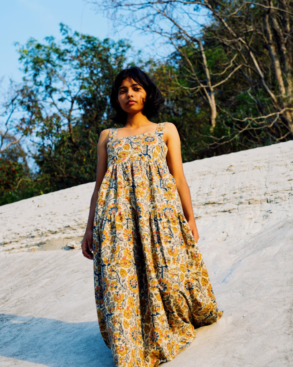 BEIGE CRAYON FLORAL BAGRU MAXI DRESS