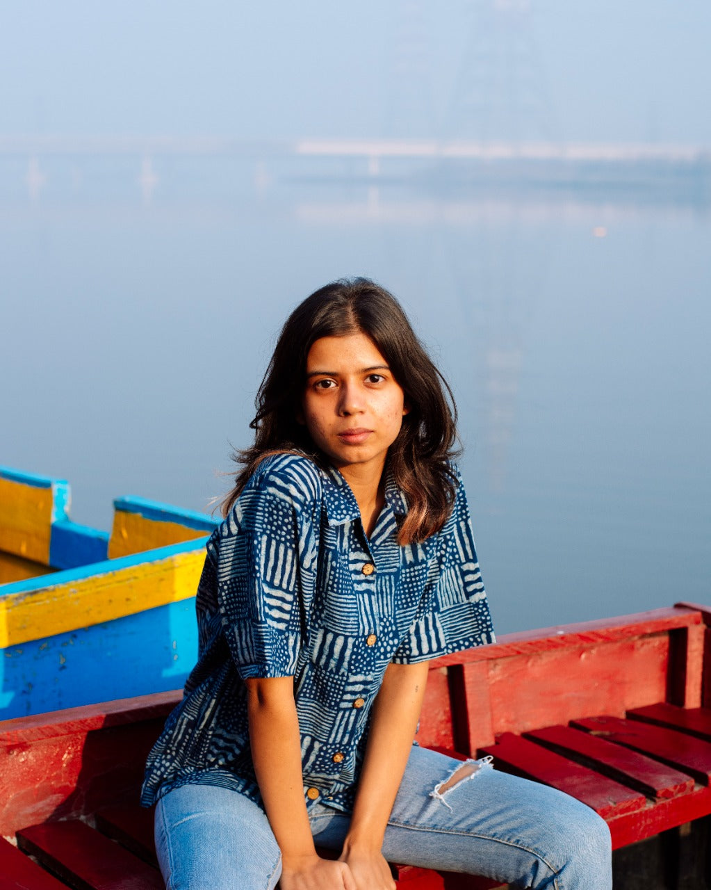 DOTS AND LINES INDIGO DABU SHIRT