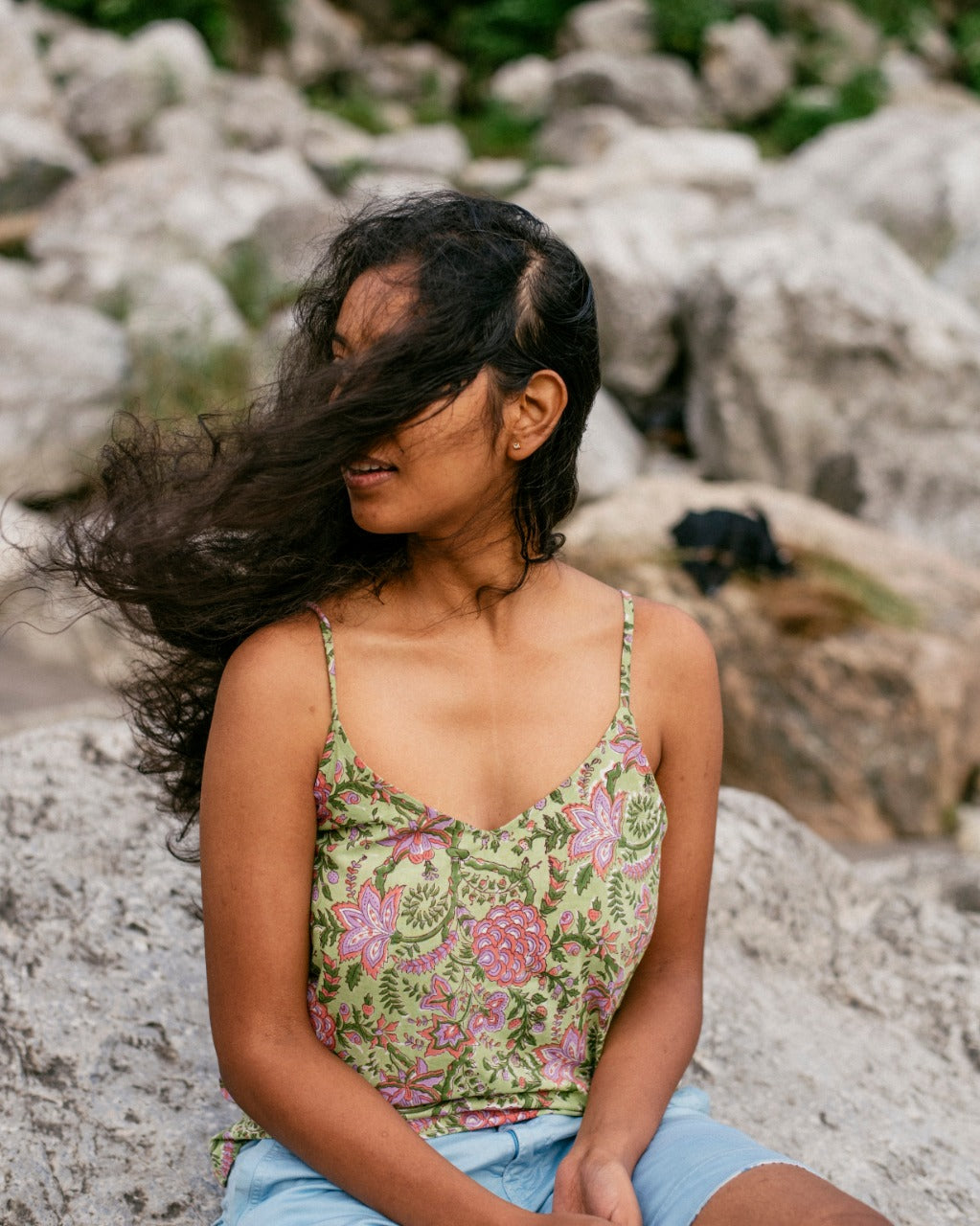 GREEN FLORAL RAPID SPAGHETTI TOP
