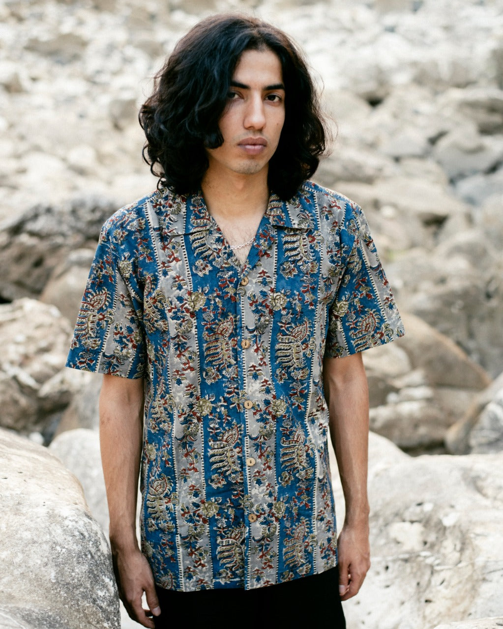 BLUE GREY STRIPED KALAMKARI SHIRT