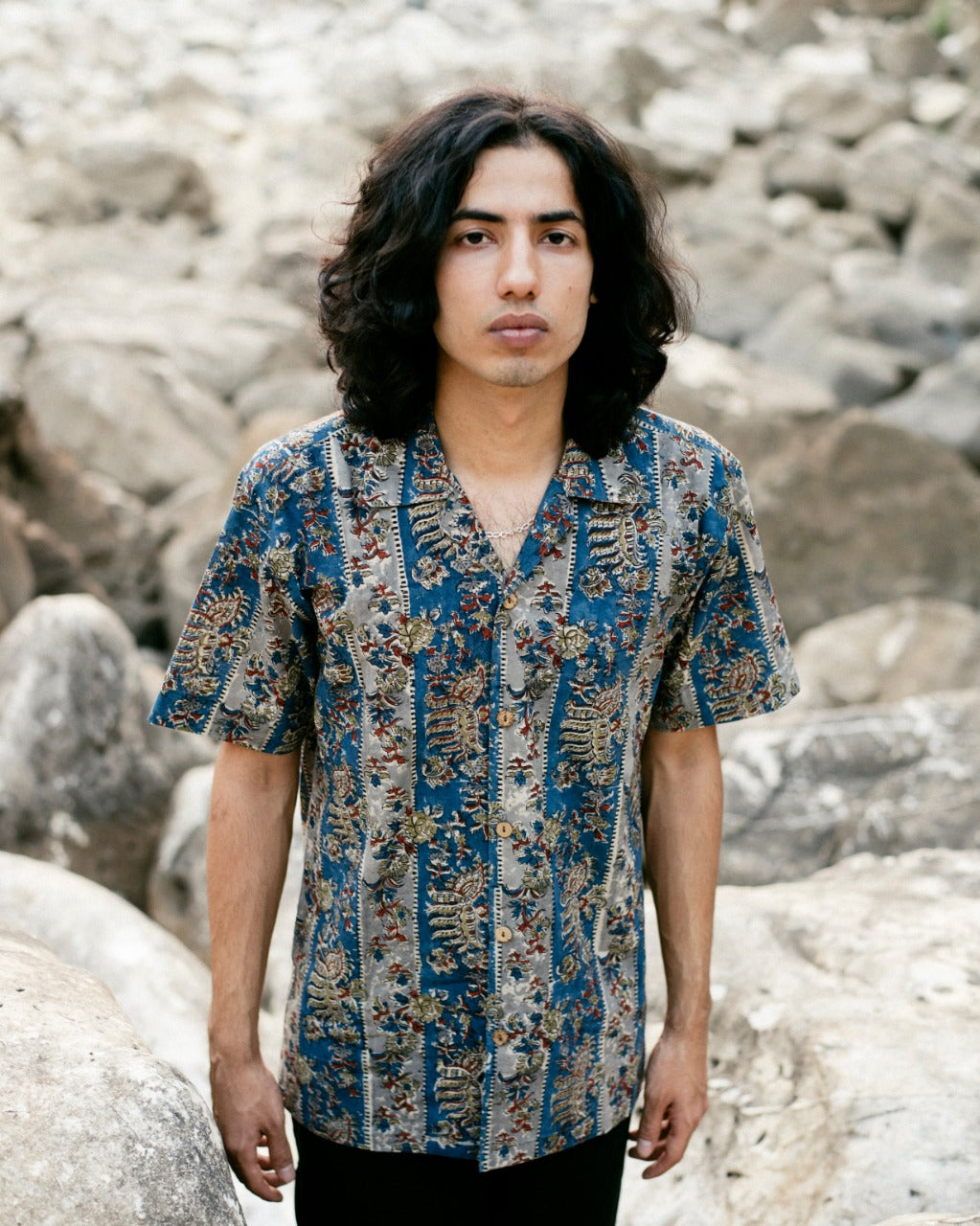 BLUE GREY STRIPED KALAMKARI SHIRT