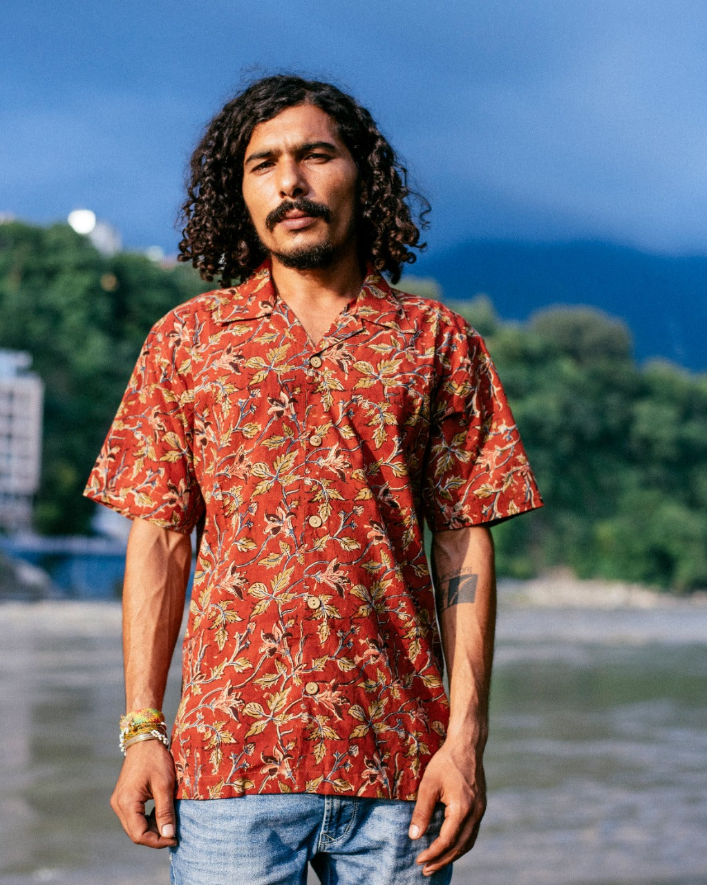 BRICK RED FLORAL BAGRU SHIRT