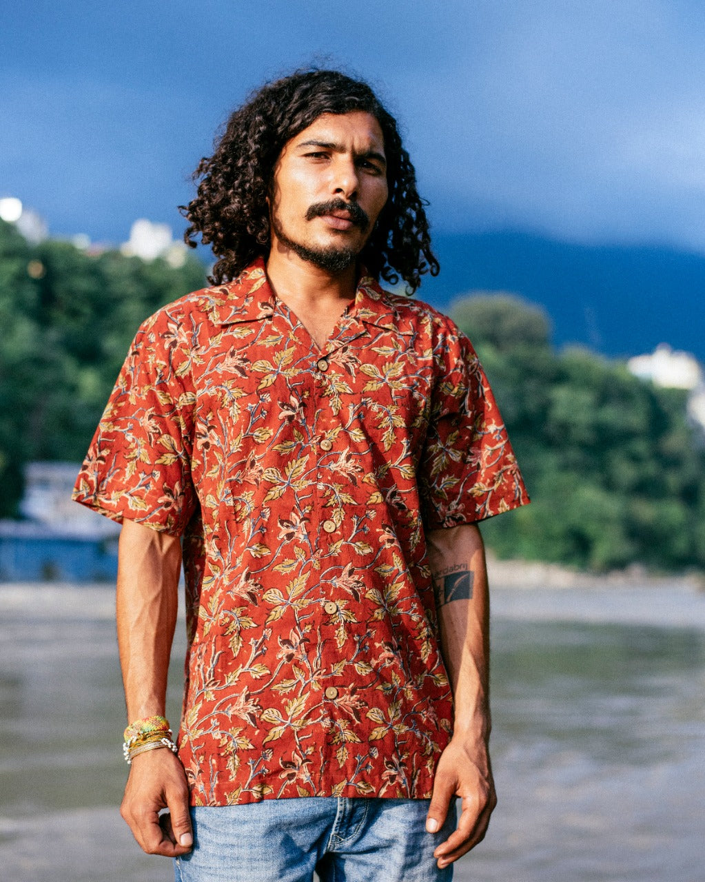 BRICK RED FLORAL BAGRU SHIRT