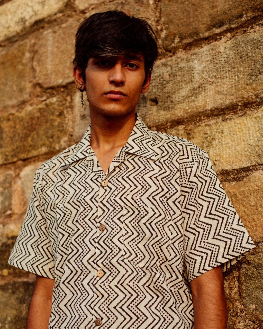 CREAM ZIG ZAG BAGRU SHIRT