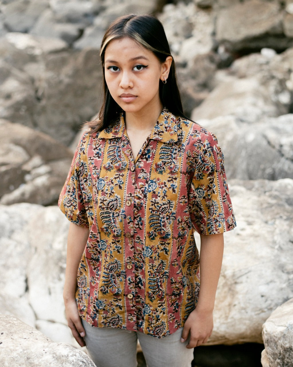 PEACH MUSTARD STRIPED KALAMKARI SHIRT