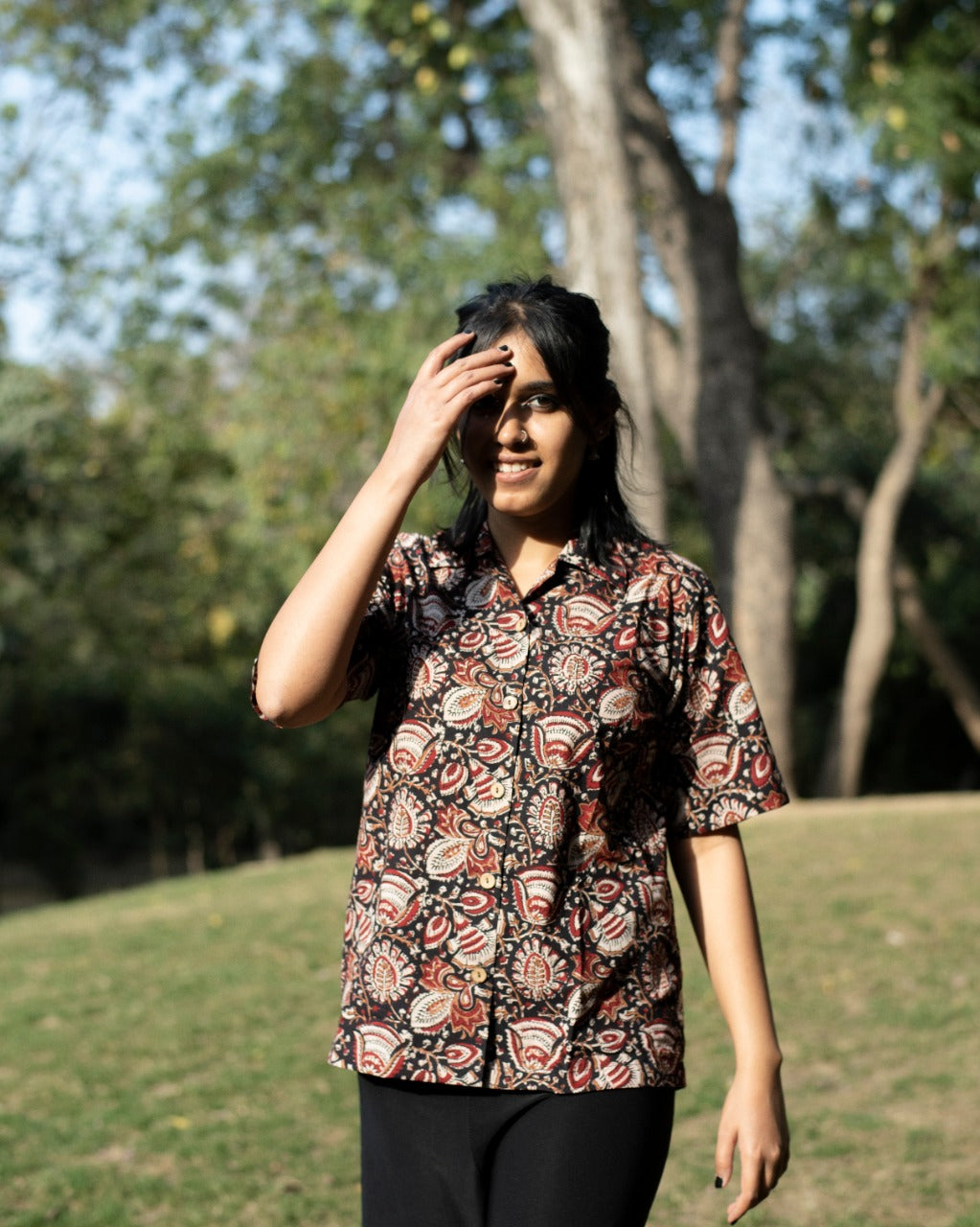BLACK FLORAL KALAMKARI SHIRT