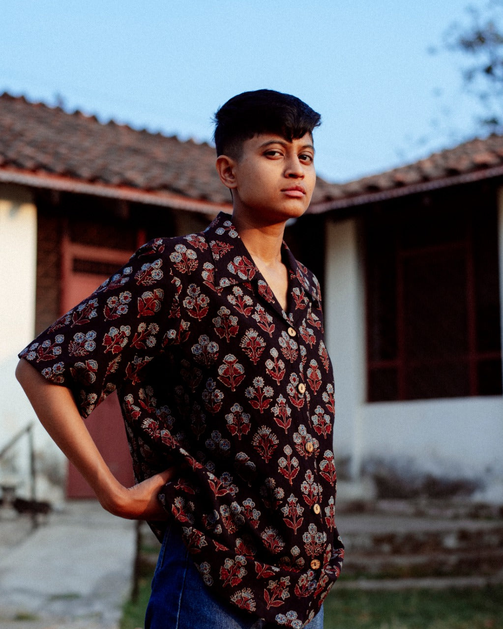 BLACK FLORAL AJRAKH SHIRT