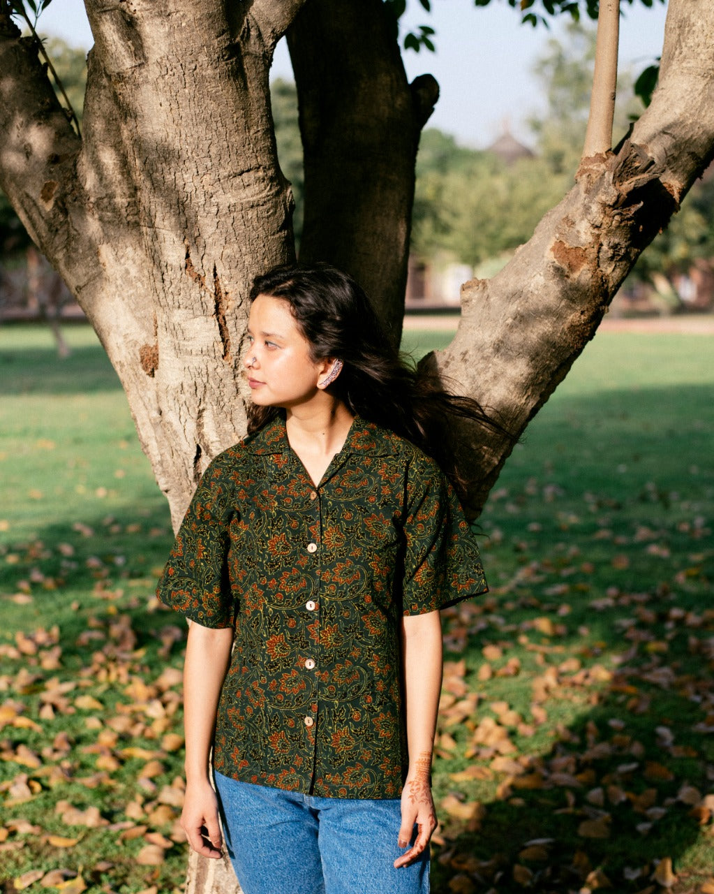 GREEN FLORAL AJRAKH SHIRT