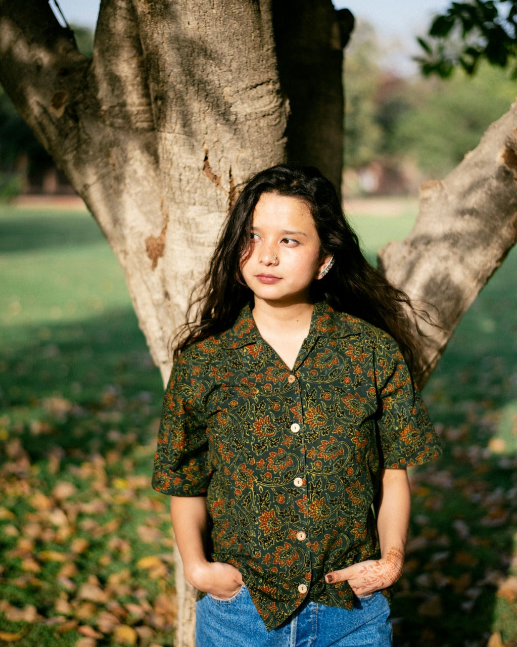 GREEN FLORAL AJRAKH SHIRT