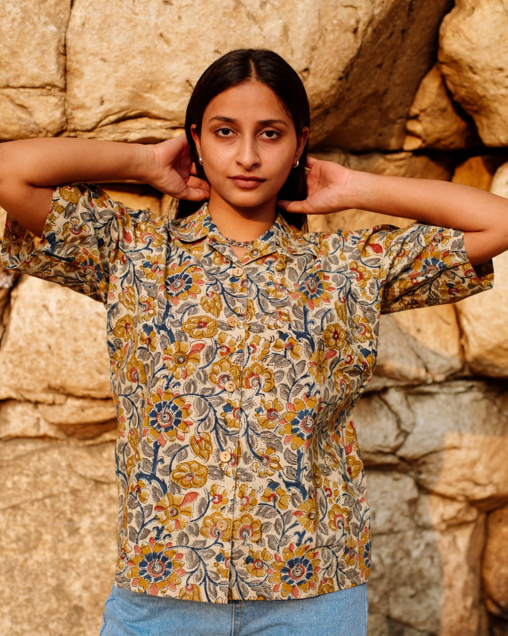 BEIGE CRAYON FLORAL BAGRU SHIRT
