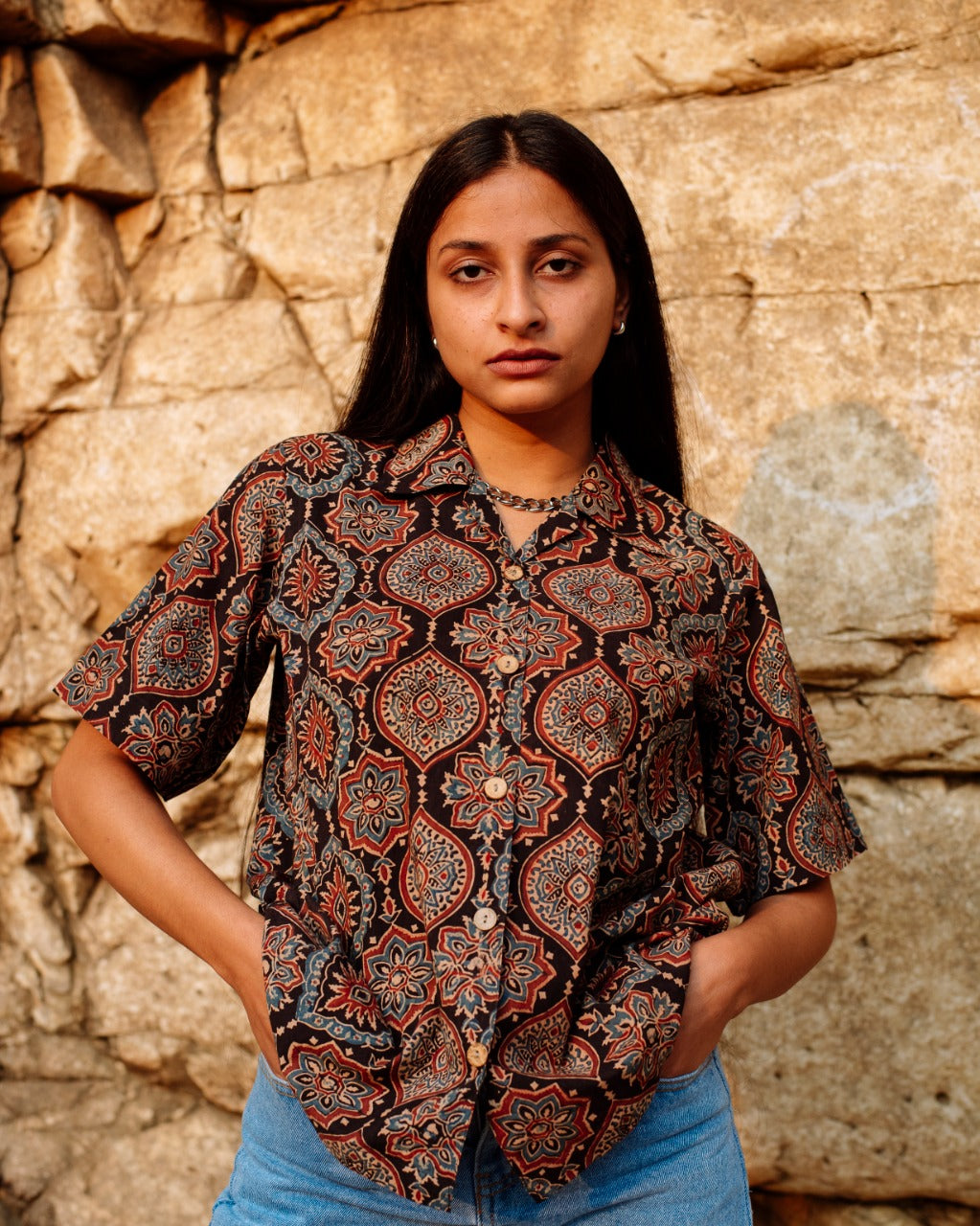 BLACK OGEE KALEEN AJRAKH SHIRT