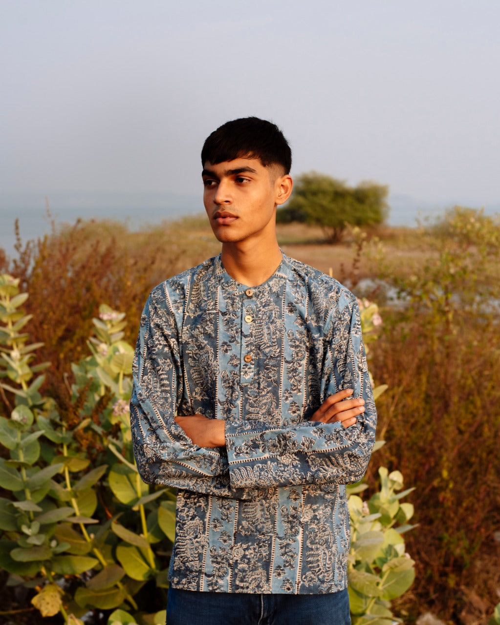 BLUE STRIPED KALAMKARI SHORT KURTA