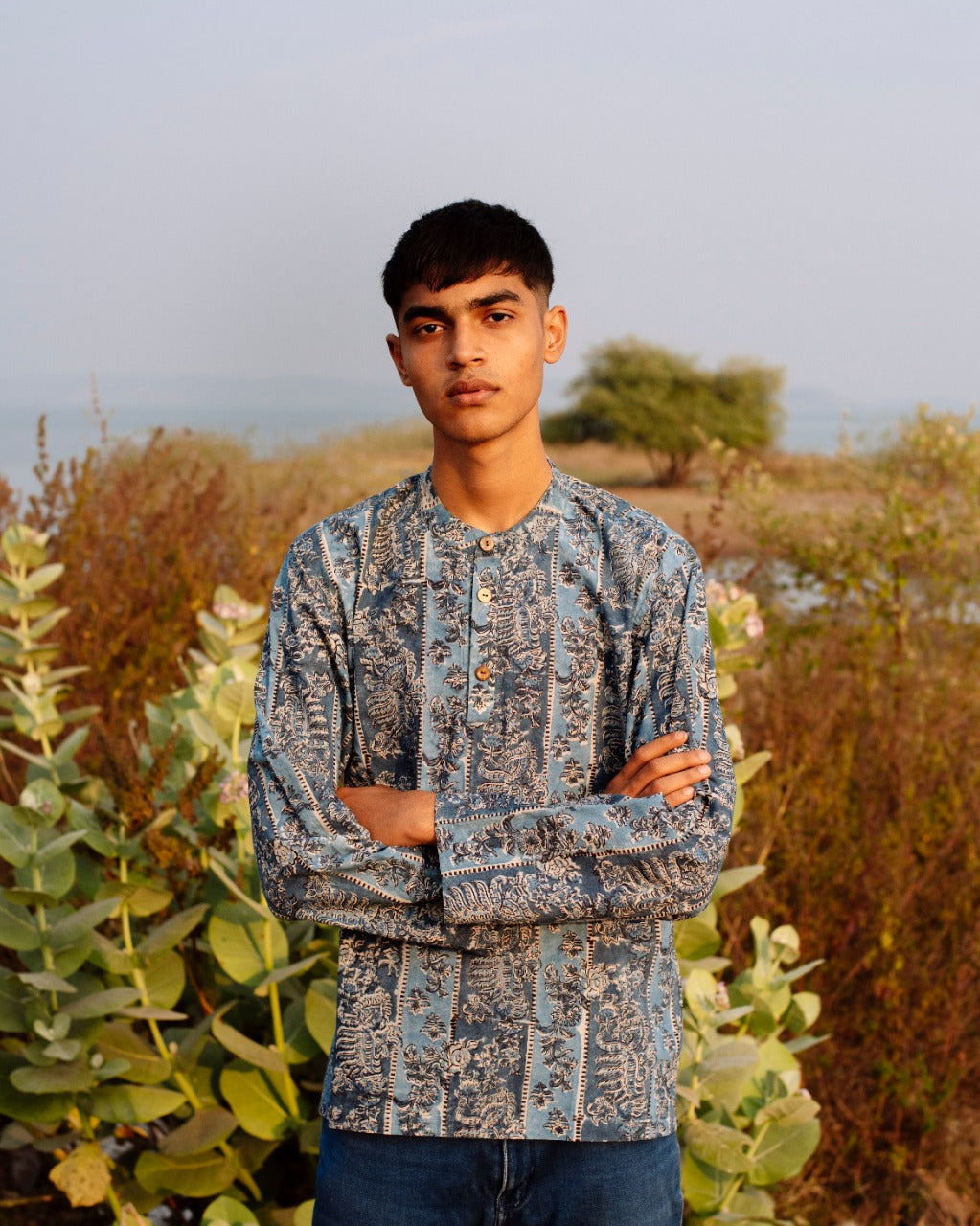 BLUE STRIPED KALAMKARI SHORT KURTA