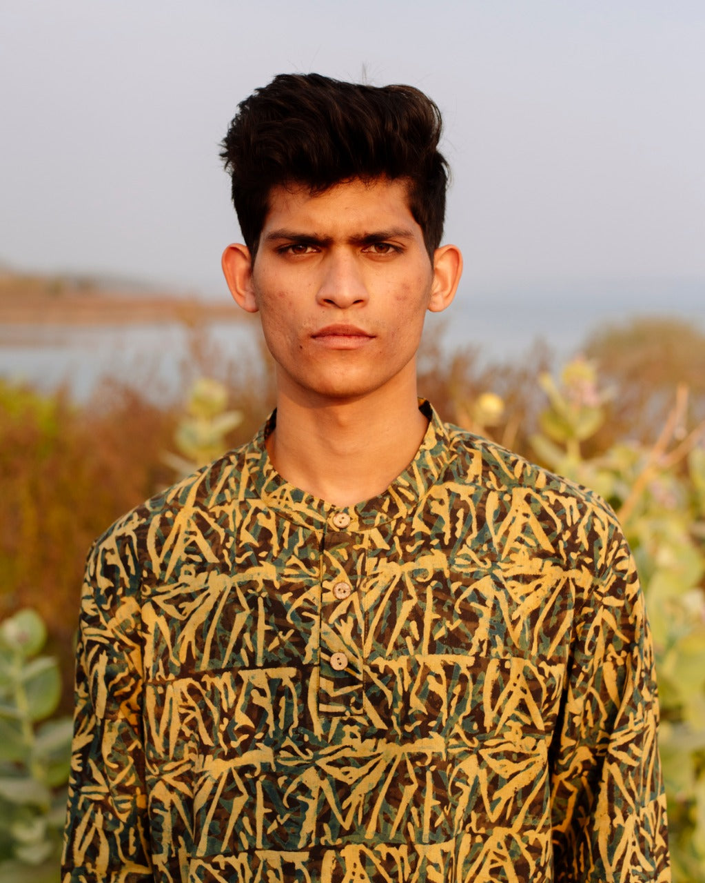 YELLOW ABSTRACT AJRAKH SHORT KURTA