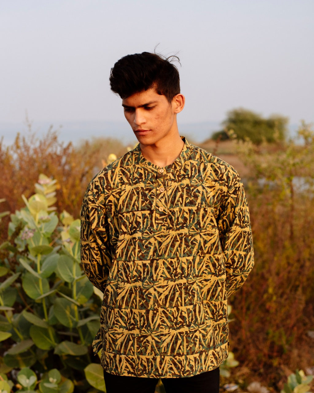 YELLOW ABSTRACT AJRAKH SHORT KURTA