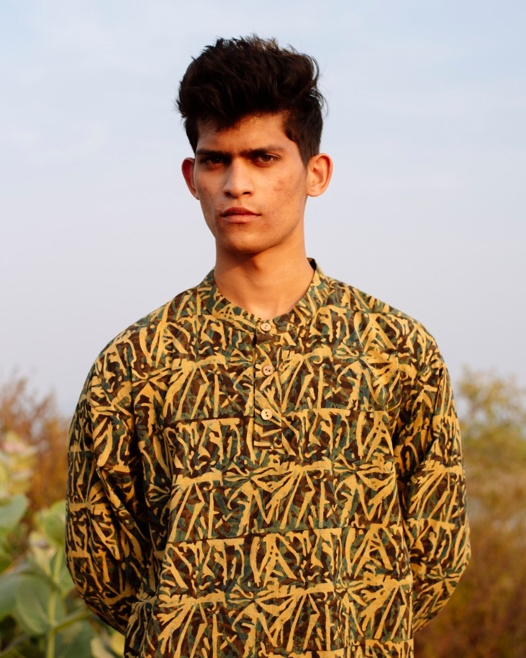 YELLOW ABSTRACT AJRAKH SHORT KURTA