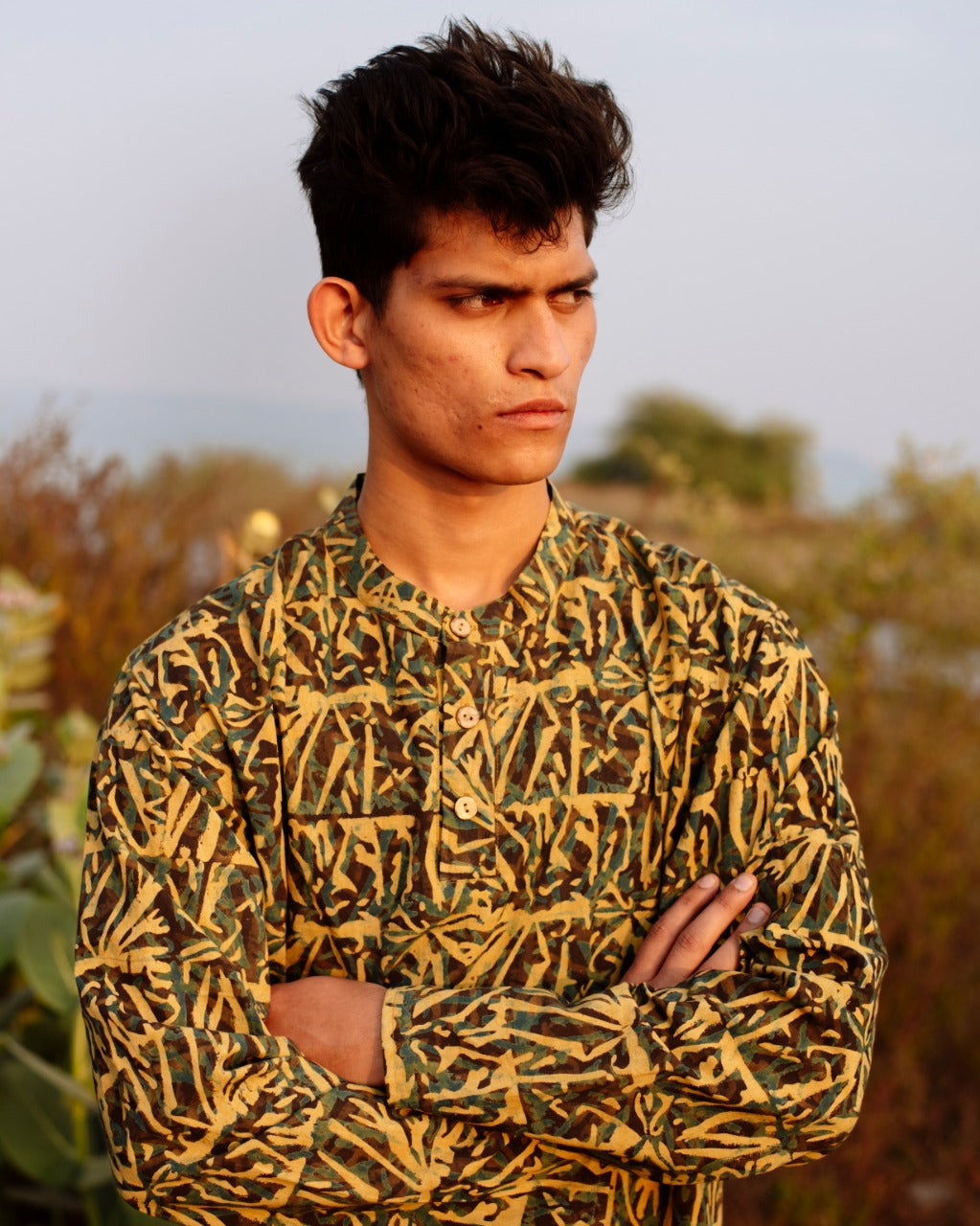 YELLOW ABSTRACT AJRAKH SHORT KURTA