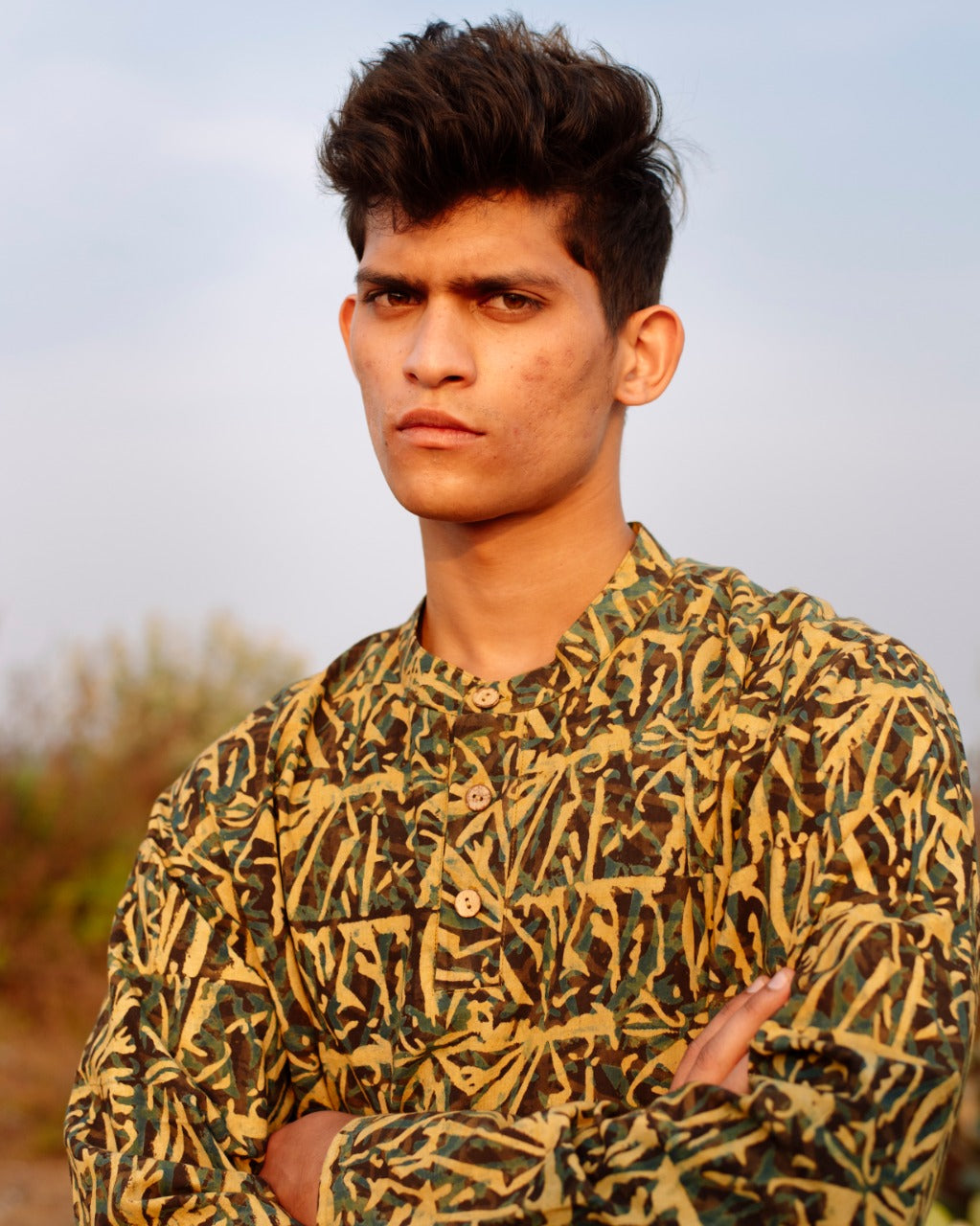YELLOW ABSTRACT AJRAKH SHORT KURTA