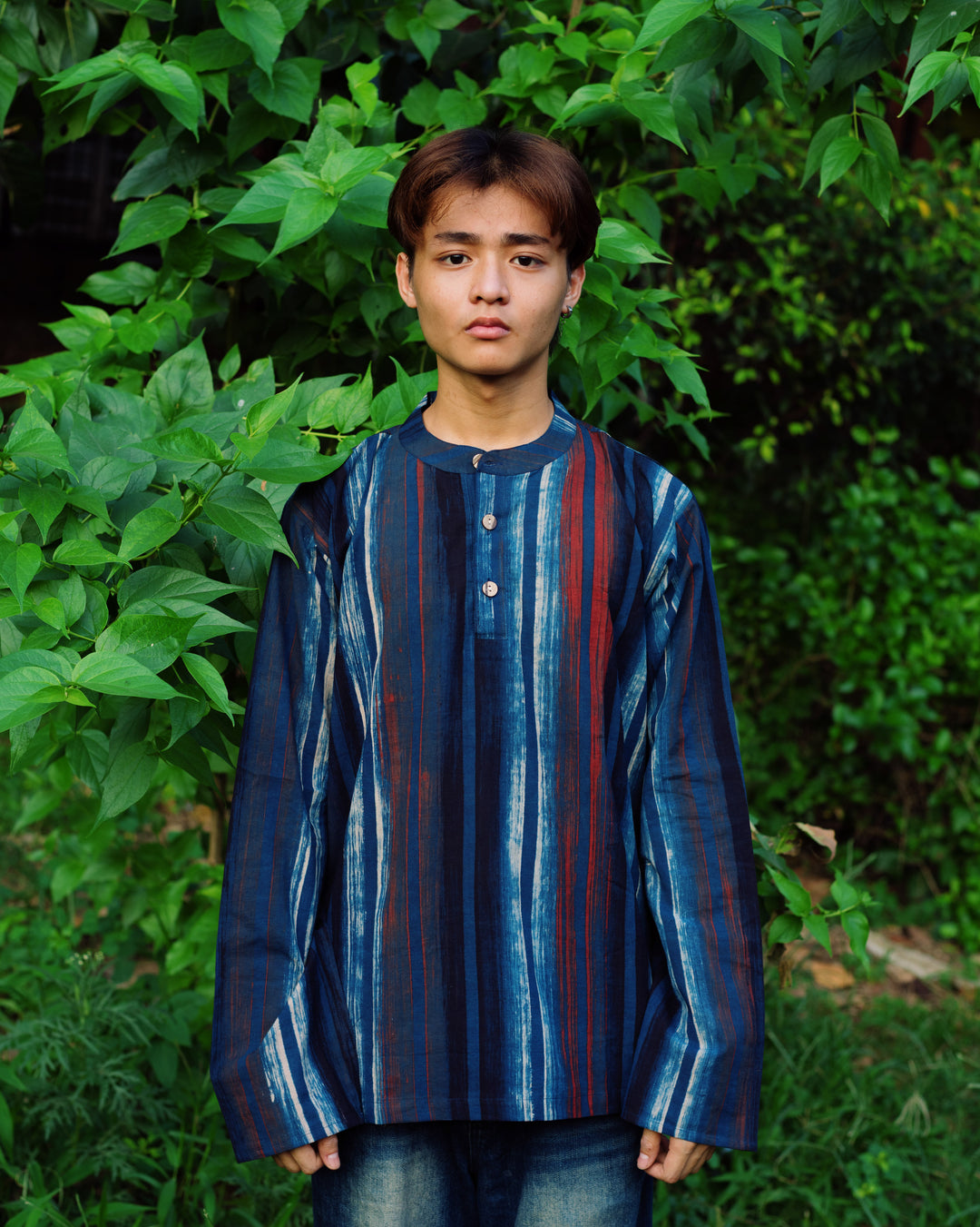 BLUE STRIPED HANDPAINTED AJRAKH SHORT KURTA