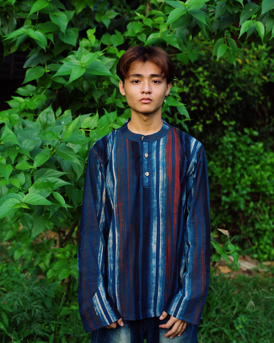 BLUE STRIPED HANDPAINTED AJRAKH SHORT KURTA