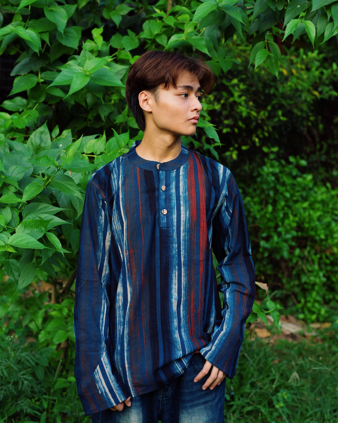 BLUE STRIPED HANDPAINTED AJRAKH SHORT KURTA