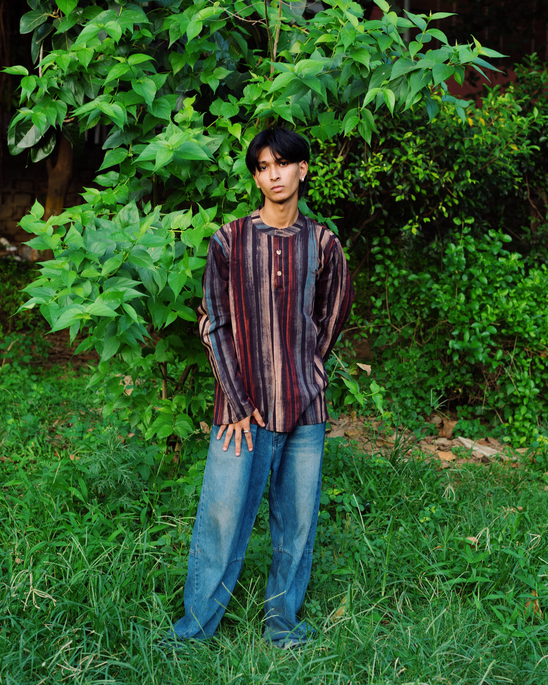 BLACK STRIPED HANDPAINTED AJRAKH SHORT KURTA