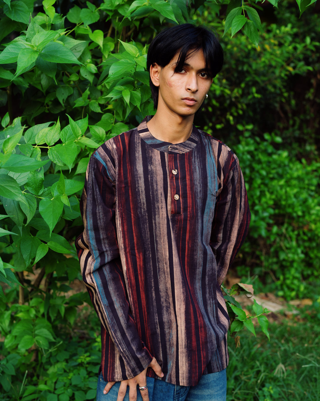 BLACK STRIPED HANDPAINTED AJRAKH SHORT KURTA