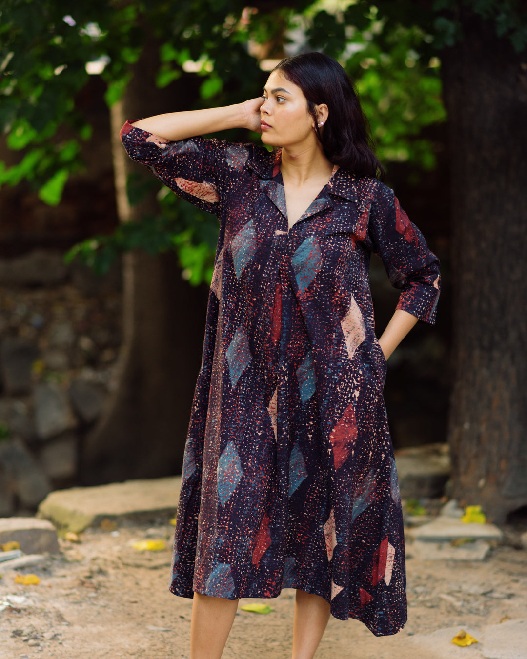 DIAMOND HANDPAINTED AJRAKH COLLARED DRESS